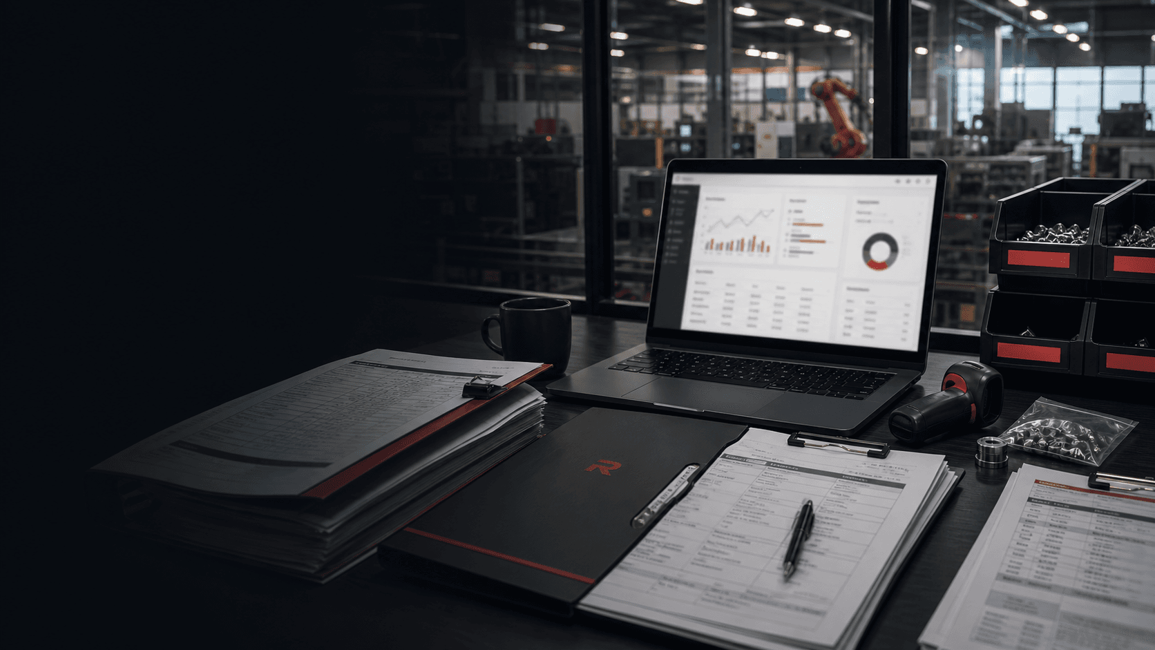 Manufacturing purchasing desk with inventory files, approval packet, supplier documents, laptop dashboard, barcode scanner, and parts bins